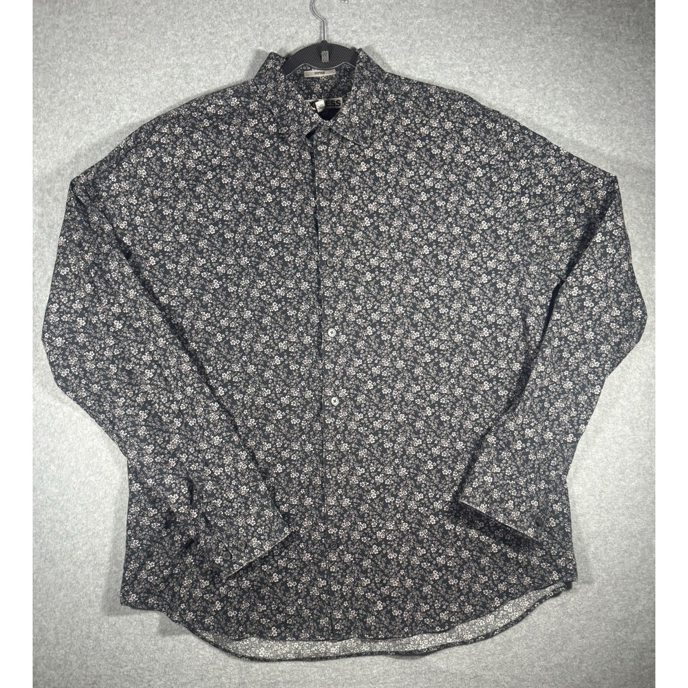 Express Men's Black Floral Long Sleeve Fitted Button-Up Dress Shirt Size XL
